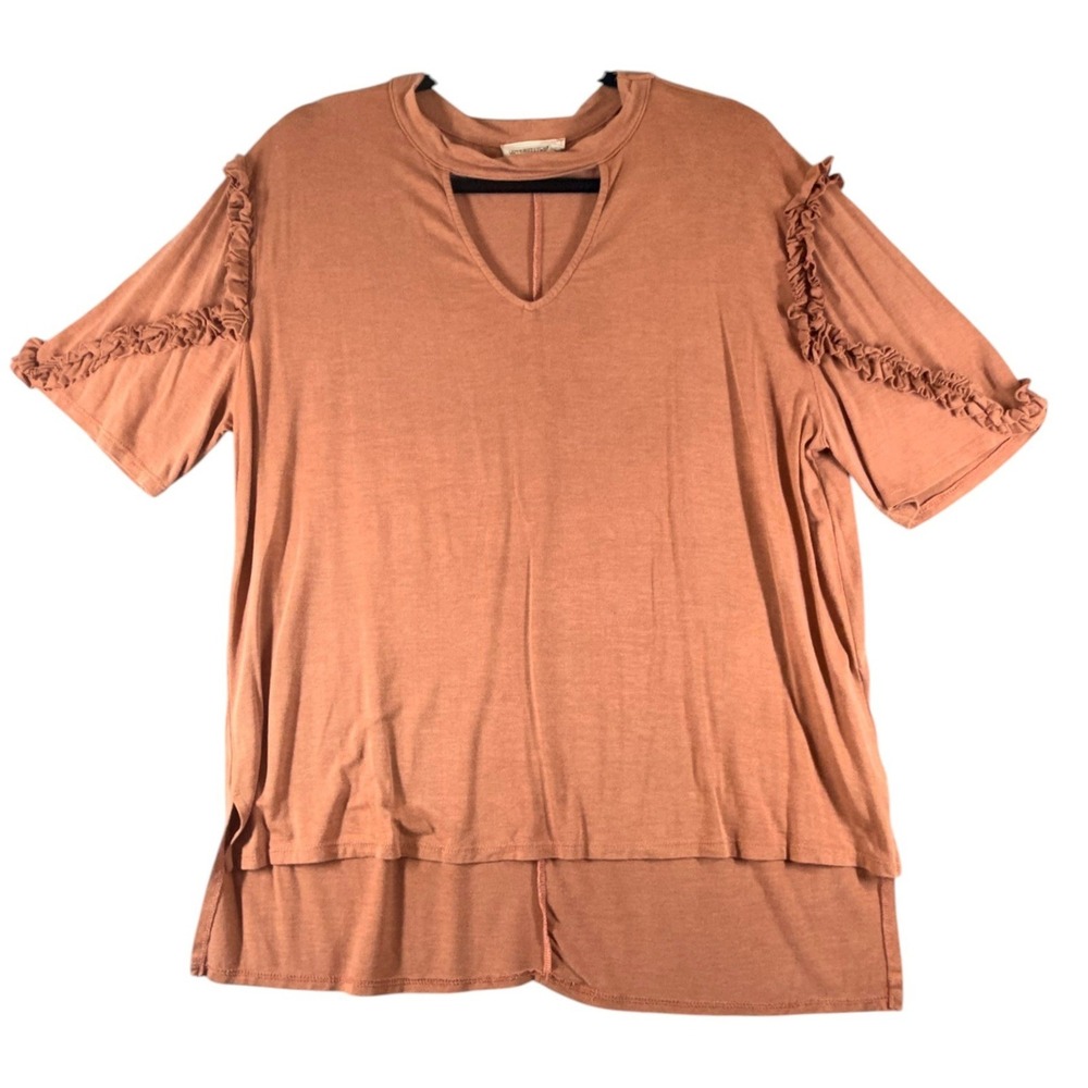 Coverstitch Terracotta Ruffle Sleeve Choker Neck High Low Top ET63224 Size M